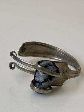 Vintage Silver Plate Fork Cuff Bracelet with Black & Gray Snowflake Stone